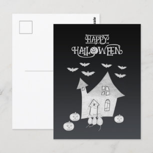 Halloween nacht met spookhuis, vleermuizen, pompoe briefkaart
