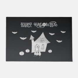 Halloween nacht met spookhuis, vleermuizen, pompoe deurmat