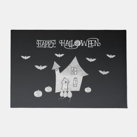 Halloween nacht met spookhuis, vleermuizen, pompoe deurmat (Voorkant)
