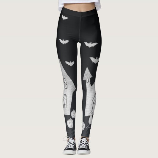 Halloween nacht met spookhuis, vleermuizen, pompoe leggings (Voorkant)