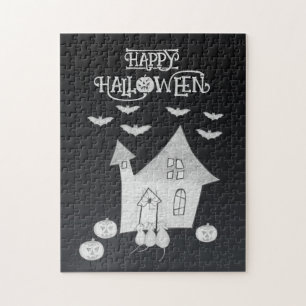 Halloween nacht met spookhuis, vleermuizen, pompoe legpuzzel