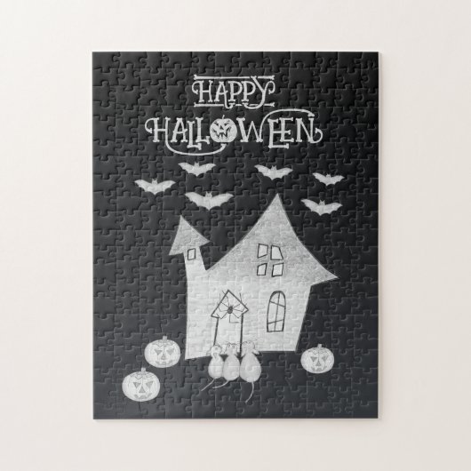 Halloween nacht met spookhuis, vleermuizen, pompoe legpuzzel (Verticaal)