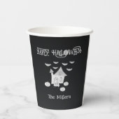 Halloween nacht met spookhuis, vleermuizen, pompoe papieren bekers (Achterkant)