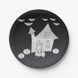 Halloween nacht met spookhuis, vleermuizen, pompoe papieren bordje