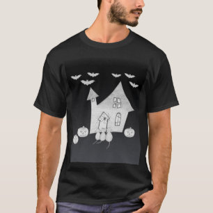 Halloween nacht met spookhuis, vleermuizen, pompoe t-shirt