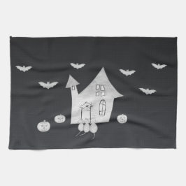 Halloween nacht met spookhuis, vleermuizen, pompoe theedoek