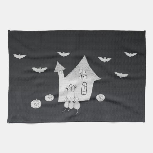 Halloween nacht met spookhuis, vleermuizen, pompoe theedoek (Horizontaal)