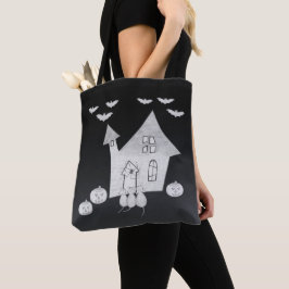Halloween nacht met spookhuis, vleermuizen, pompoe tote bag