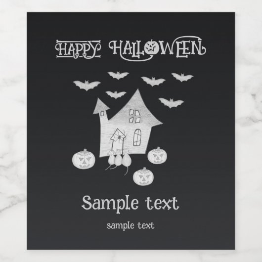 Halloween nacht met spookhuis, vleermuizen, pompoe wijn etiket (Enkel label)