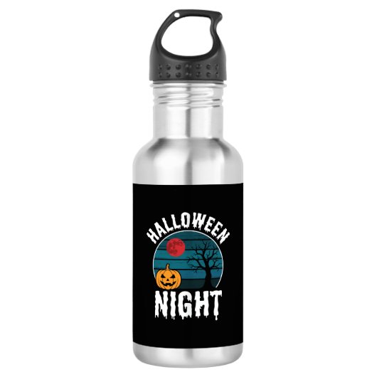 Halloween Nacht Pompoen Boom Vector Waterfles (Voorkant)