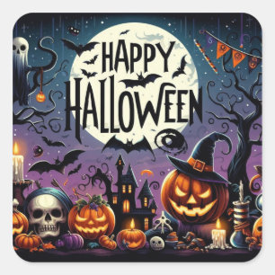 Halloween Nacht Pompoenen, Schedels & Spokenhuis Vierkante Sticker