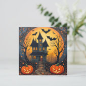 Halloween Nacht Spokenhuis, Pompoenen  Feestdagenkaart (Staand voorkant)