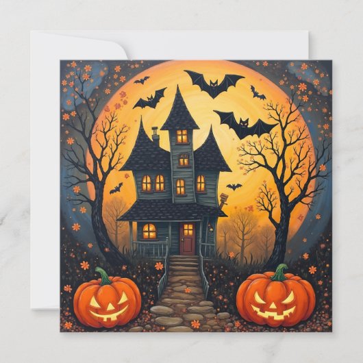 Halloween Nacht Spokenhuis, Pompoenen  Feestdagenkaart (Voorkant)