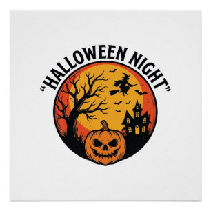 Halloween Nacht Vintage Gravure Griezelijk Scène T Perfect Poster