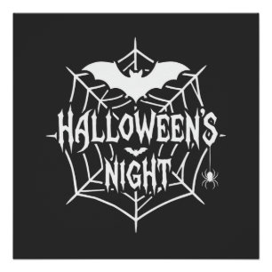 Halloween Nacht Vleermuis Spinneweb Vectorontwerp_ Perfect Poster