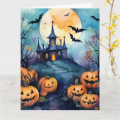 Halloween Nacht Volle Maan Jack O’Lanterns Vleermu Kaart (Gele Bloem)