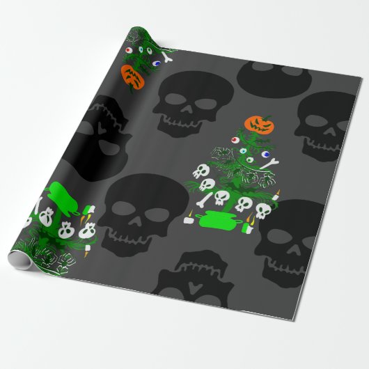 Halloween nachtmerrie kerstboom schedels cadeaupapier (Uitgerold)