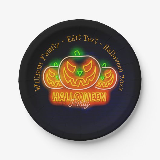 Halloween Name Year 20xx Neon Glow-look Pumpkin 7" Papieren Bordje (Voorkant)
