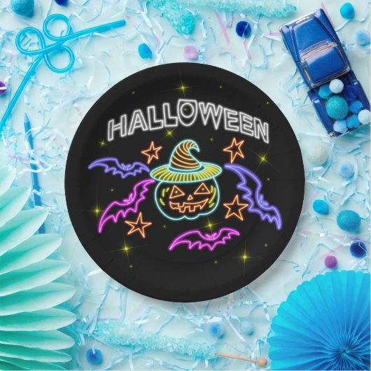 Halloween Neon Bekijk pompoenen Pet vleermuizen Papieren Bordje (Feest)