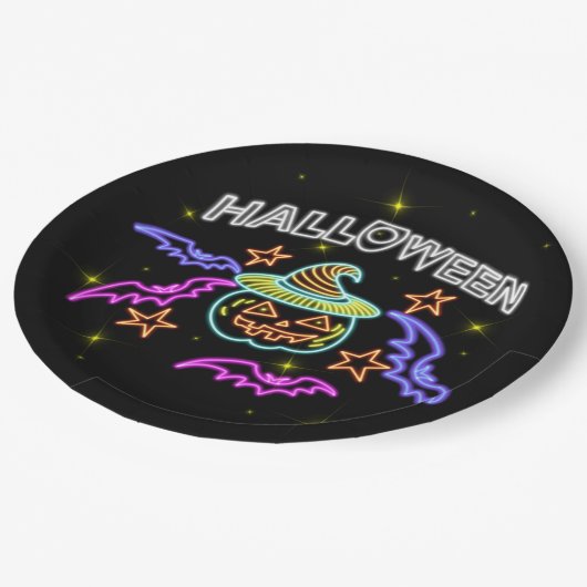 Halloween Neon Bekijk pompoenen Pet vleermuizen Papieren Bordje (Gekanteld)