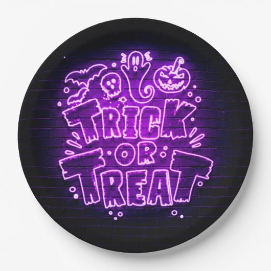 Halloween Neon Glow Kijk Paarse Trick Treparty Papieren Bordje (Voorkant)