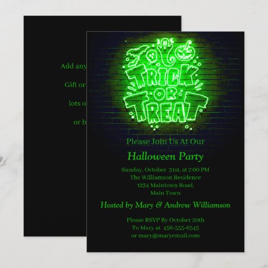Halloween Neon Glow-look Green Trick Treparty Kaart (Voorkant / Achterkant)