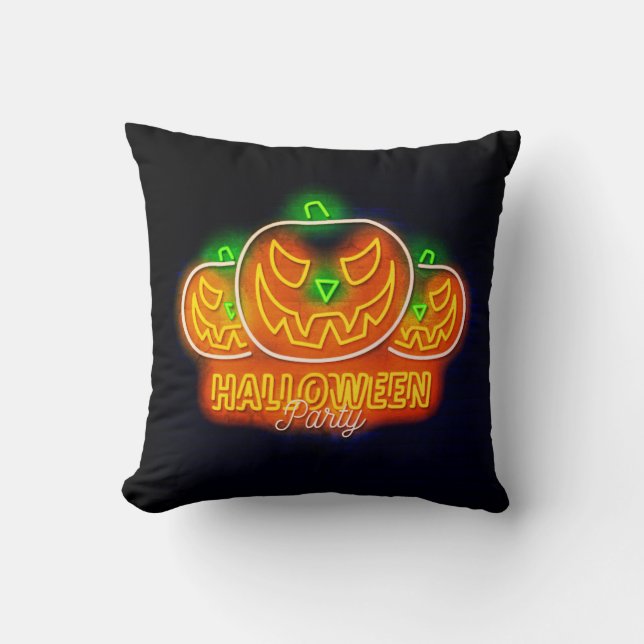 Halloween Neon Glow Look Pompoen Sinaasappel Groen Kussen (Voorkant)
