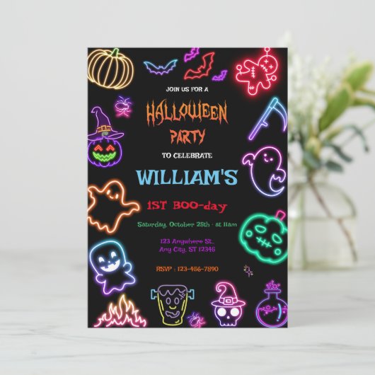 Halloween Neon Kids Verjaardagsfeest Glow Dark Kaart (Staand voorkant)