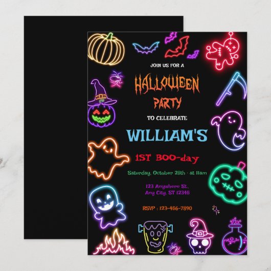Halloween Neon Kids Verjaardagsfeest Glow Dark Kaart (Voorkant / Achterkant)