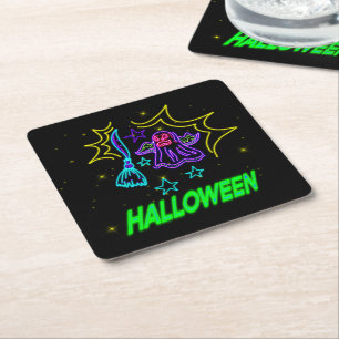 Halloween Neon Kijk Paarse Ghost Broom Party Kartonnen Onderzetters