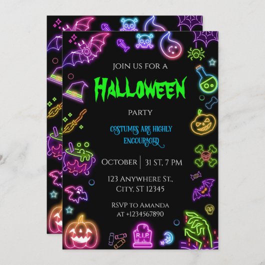Halloween Neon Kostuum Party Uitnodiging (Voorkant / Achterkant)