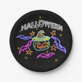 Halloween Neon Look Pompoen Hoed Vleermuizen Feest Papieren Bordje