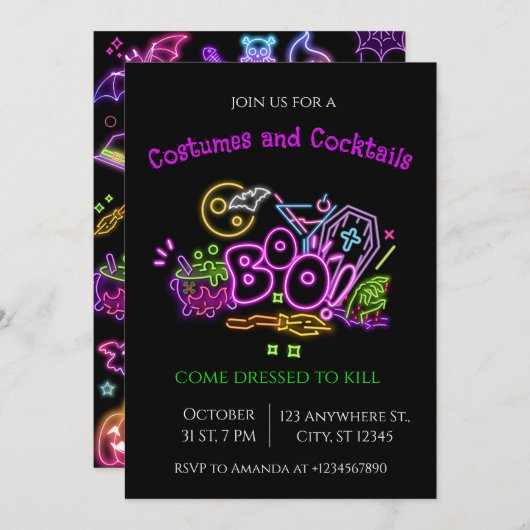 Halloween Neon Party Uitnodiging Geesten & Pompoen (Voorkant / Achterkant)