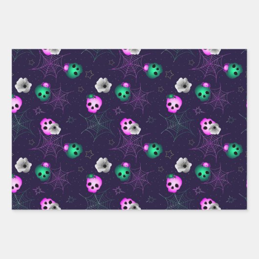 Halloween Neon Roze en Groen Gloeiende Skulls Oorl Inpakpapier Vel (Voorkant)