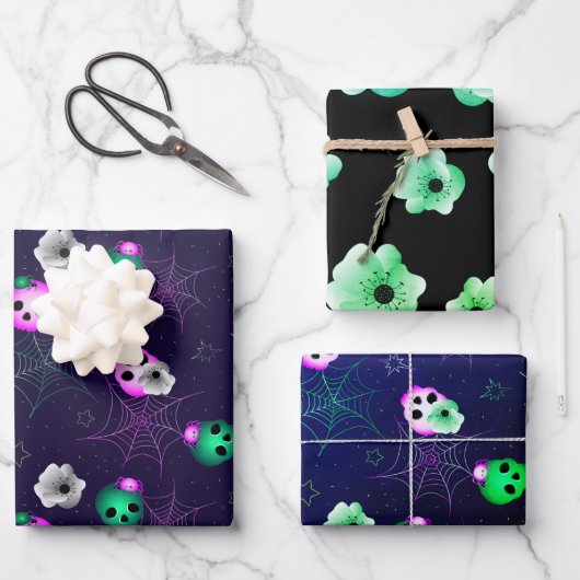Halloween Neon Roze en Groen Gloeiende Skulls Oorl Inpakpapier Vel (Voorkant)