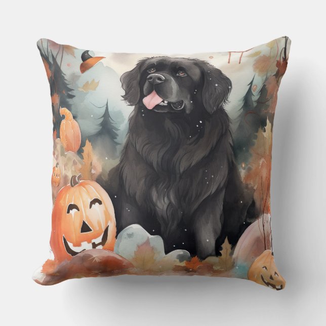 Halloween Newfoundlander Met Pompoenen Eng  Kussen (Voorkant)