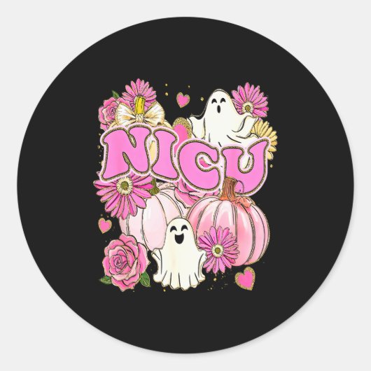 Halloween Nicu Nurse Pink Floral Pumpkin Ghost Icu Ronde Sticker (Voorkant)