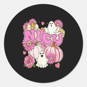 Halloween Nicu Verpleegster Roze Bloemig Pompoen G Ronde Sticker