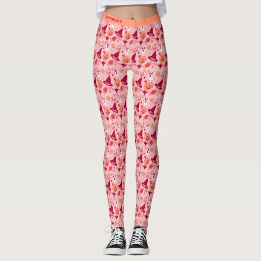 Halloween niet zo eng Naam toevoegen Pastel roze h Leggings (Voorkant)