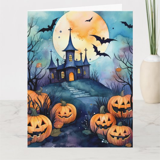 Halloween Night Full Moon Jack O’Lanterns Bats Kaart (Voorkant)