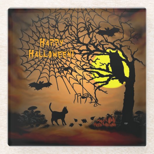 Halloween Night, Happy Halloween. Glazen Onderzetter (Voorkant)