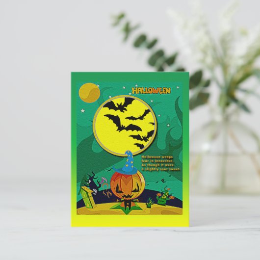 Halloween Night Jack o' Lantern Wizard Scene Briefkaart (Staand voorkant)