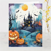 Halloween Night Jack O'Lanterns Bats Moon Ghost Kaart (Gele Bloem)