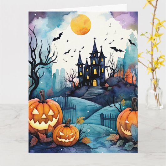Halloween Night Jack O'Lanterns Bats Moon Ghost Kaart (Gele Bloem)