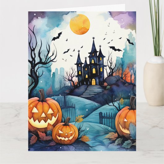 Halloween Night Jack O'Lanterns Bats Moon Ghost Kaart (Voorkant)