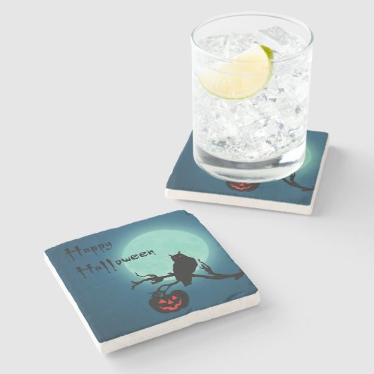 Halloween Night Pumpkin Owl Stenen Onderzetter (Zijkant)
