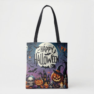 Halloween Night Pumpkins, Skulls & Haunted House Tote Bag