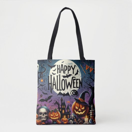 Halloween Night Pumpkins, Skulls & Haunted House Tote Bag (Voorkant)