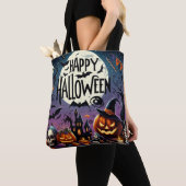 Halloween Night Pumpkins, Skulls & Haunted House Tote Bag (Dichtbij)