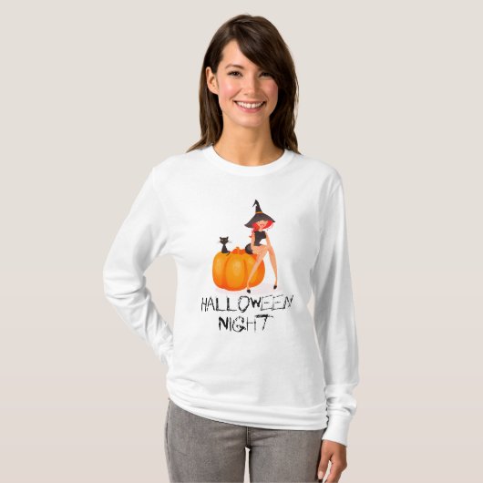Halloween Night Witch Pumpkin Lange T-Shirt (Voorkant volledig)